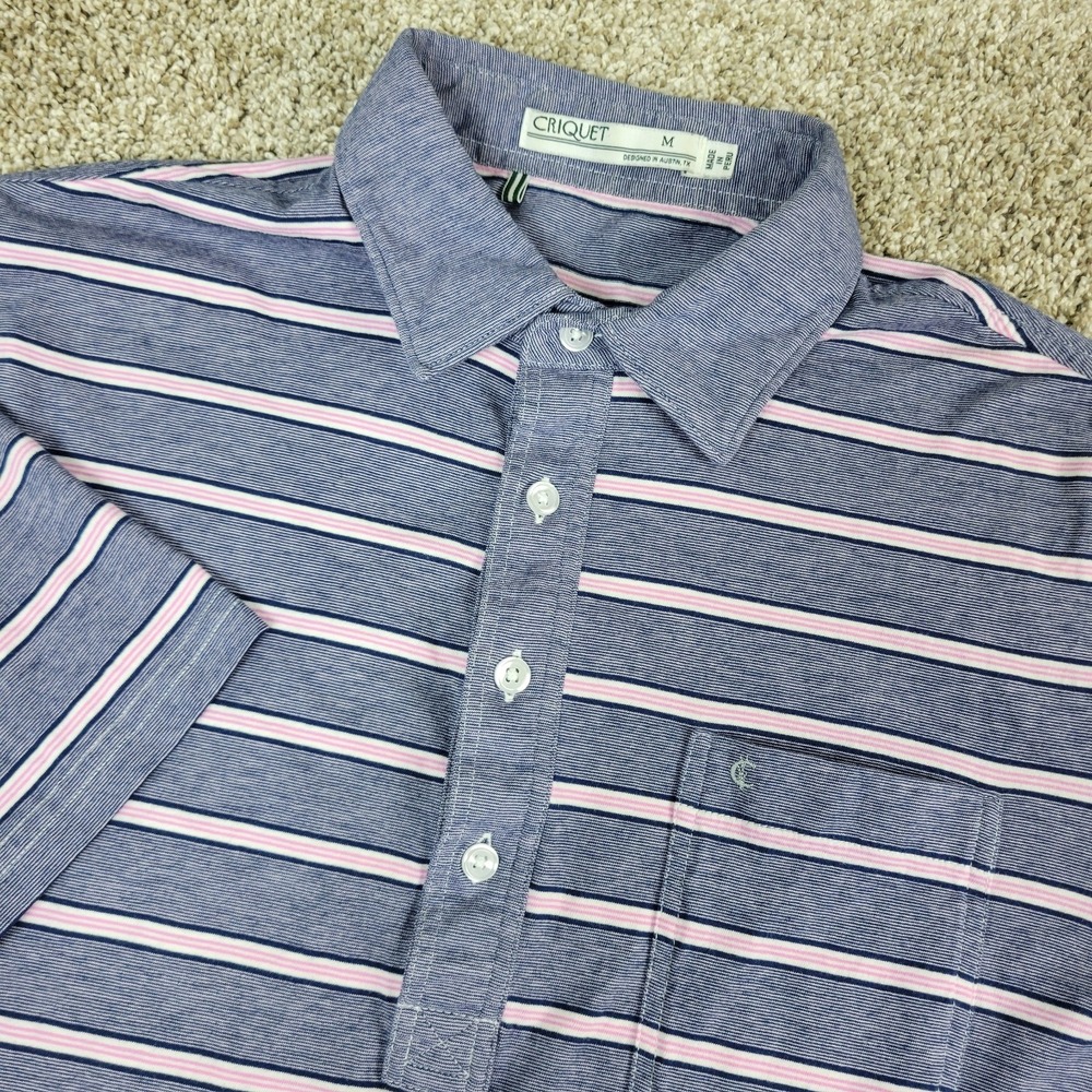 Criquet Mens Medium Gray Striped Stretch Knit Golf Polo Short Sleeve